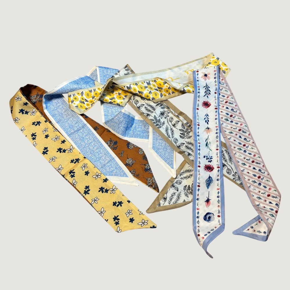Women Skinny Scarf Set OS Multicolor Mixed Print Twilly Lot of 5 Bag Accessory
